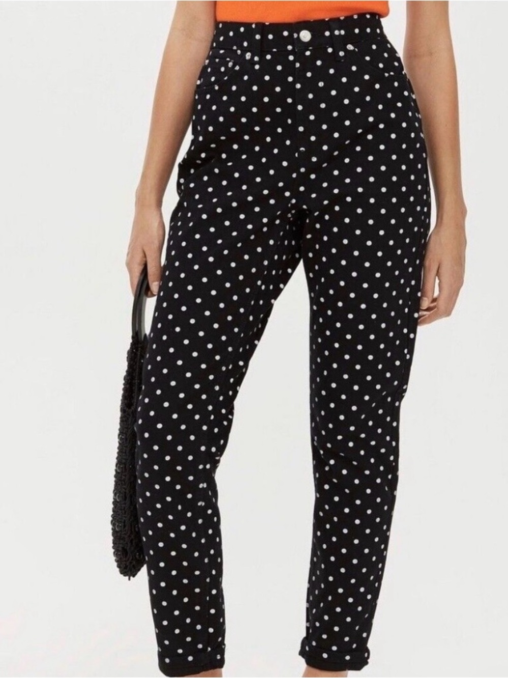 Topshop black white polka dot mid-rise rigid mom taper jean, size 26